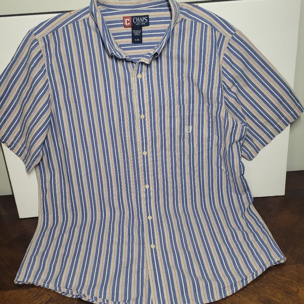 Chaps Men's Shirt Size L Blue Striped Short Sleeve Preppy Button-Down Collared